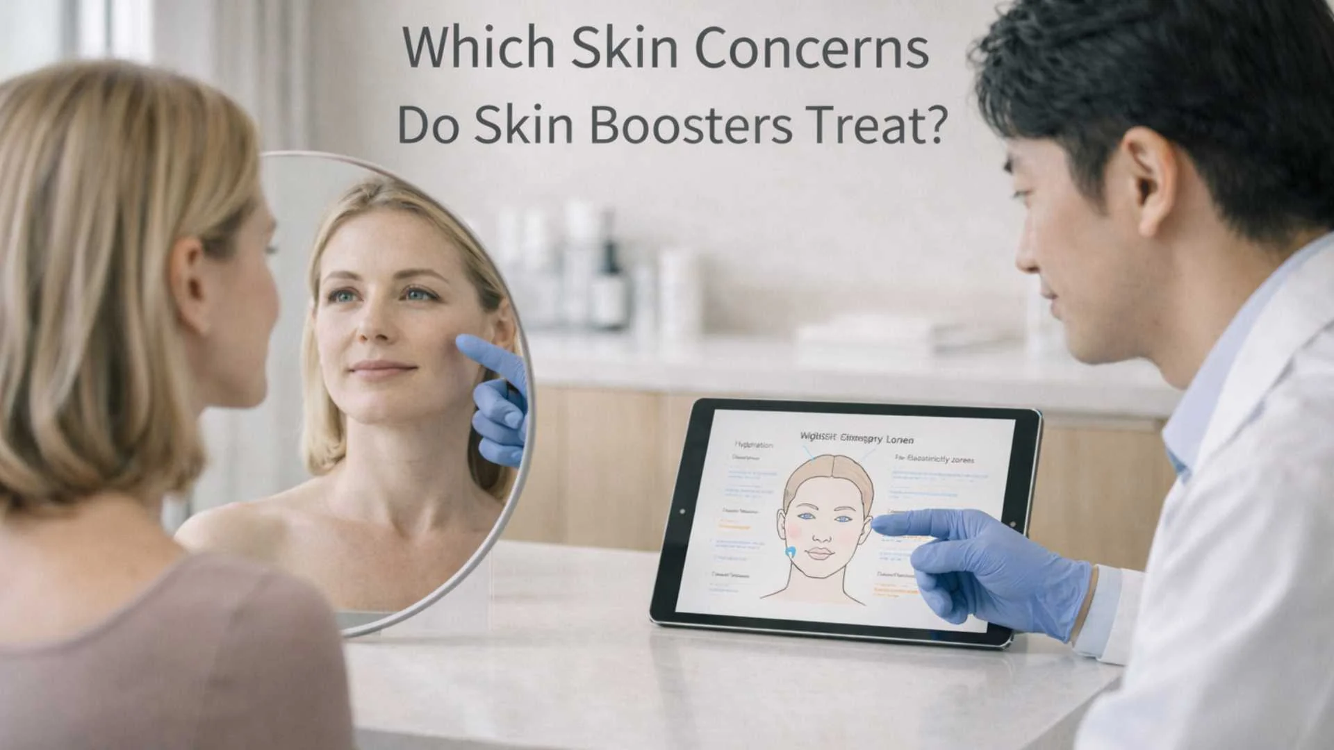 Decision guide illustration showing which skin booster to choose based on skin concern