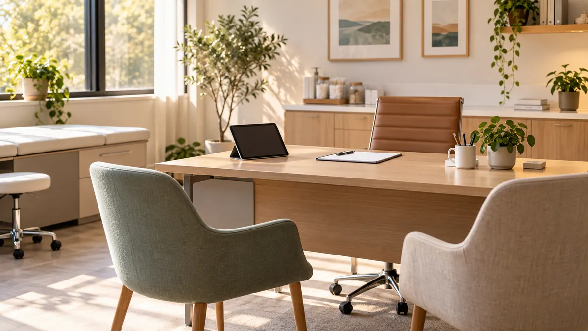Three empty chairs around a dermatology consultation desk prepared for an interpreter.