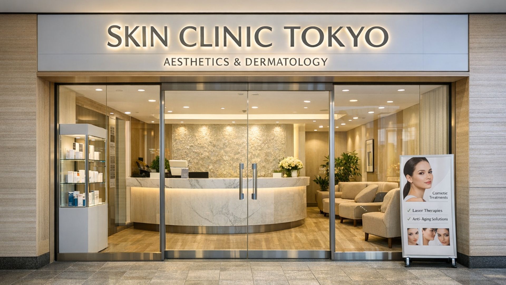 Modern English-speaking cosmetic skin clinic interior in Tokyo — reception area with bilingual signage