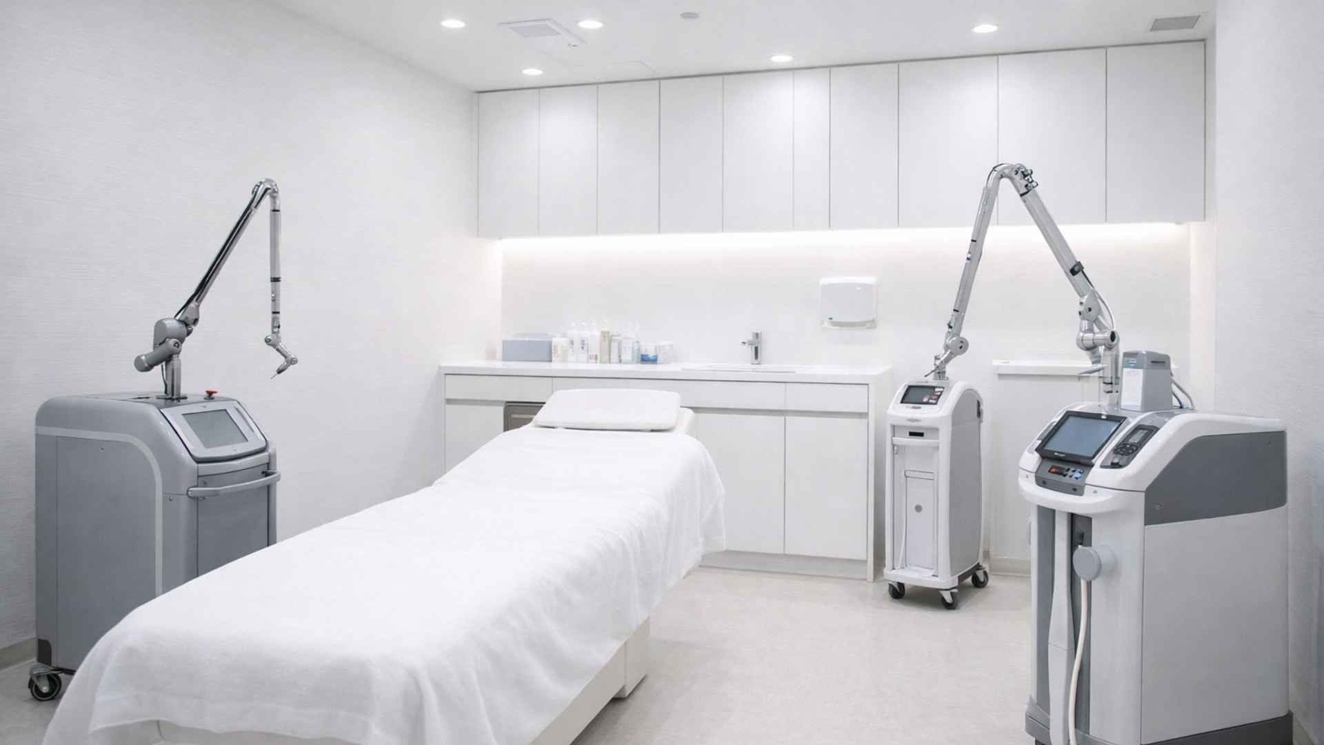 Modern Japanese dermatology clinic interior with laser equipment and clean treatment room