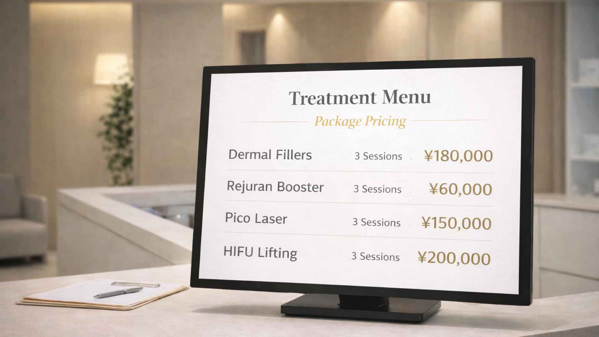 Japanese clinic reception desk with treatment course menu and pricing display