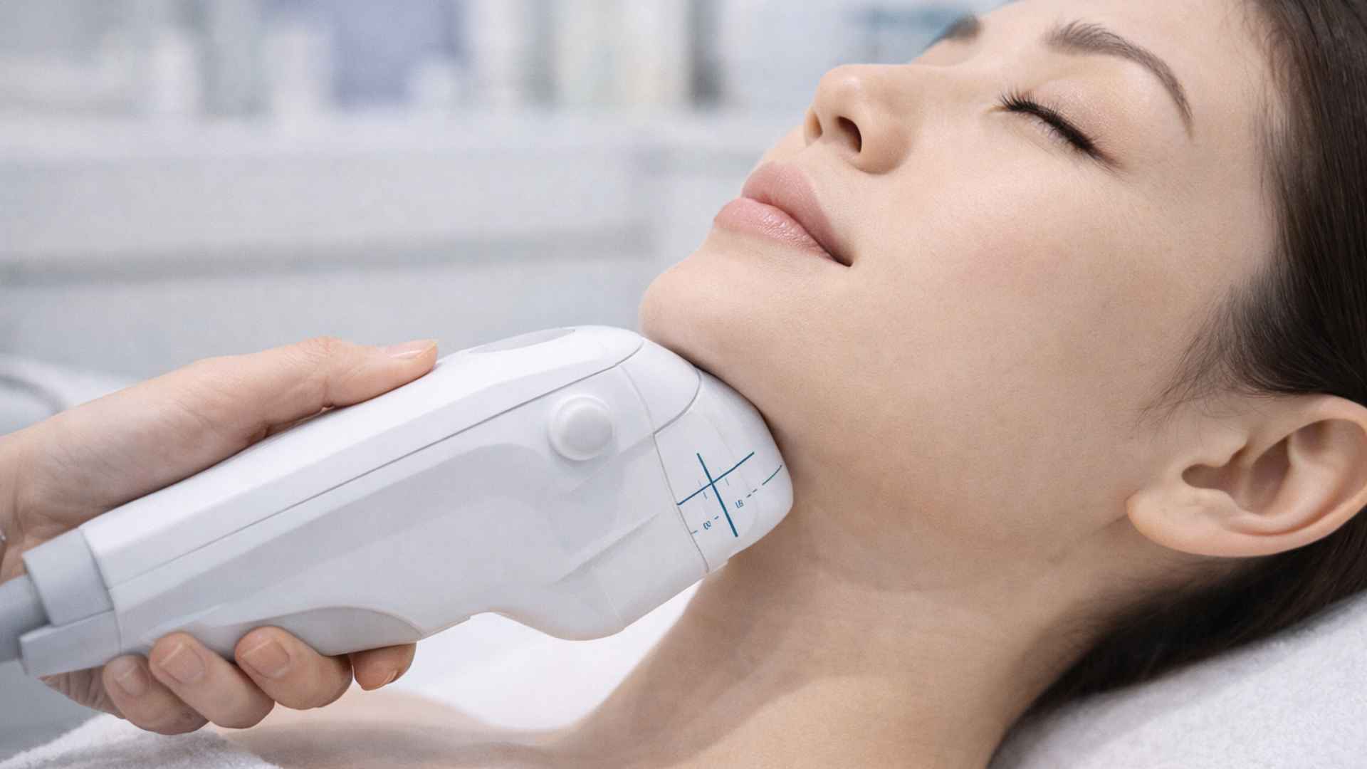 HIFU ultrasound skin tightening device being applied to facial skin at a Japanese aesthetic clinic
