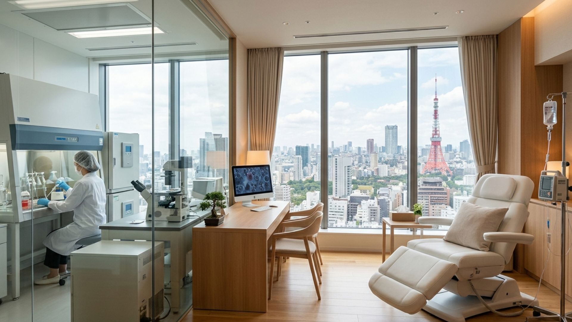 Modern stem cell therapy clinic interior in Tokyo — medical-grade clean room with cell processing equipment and consultation area