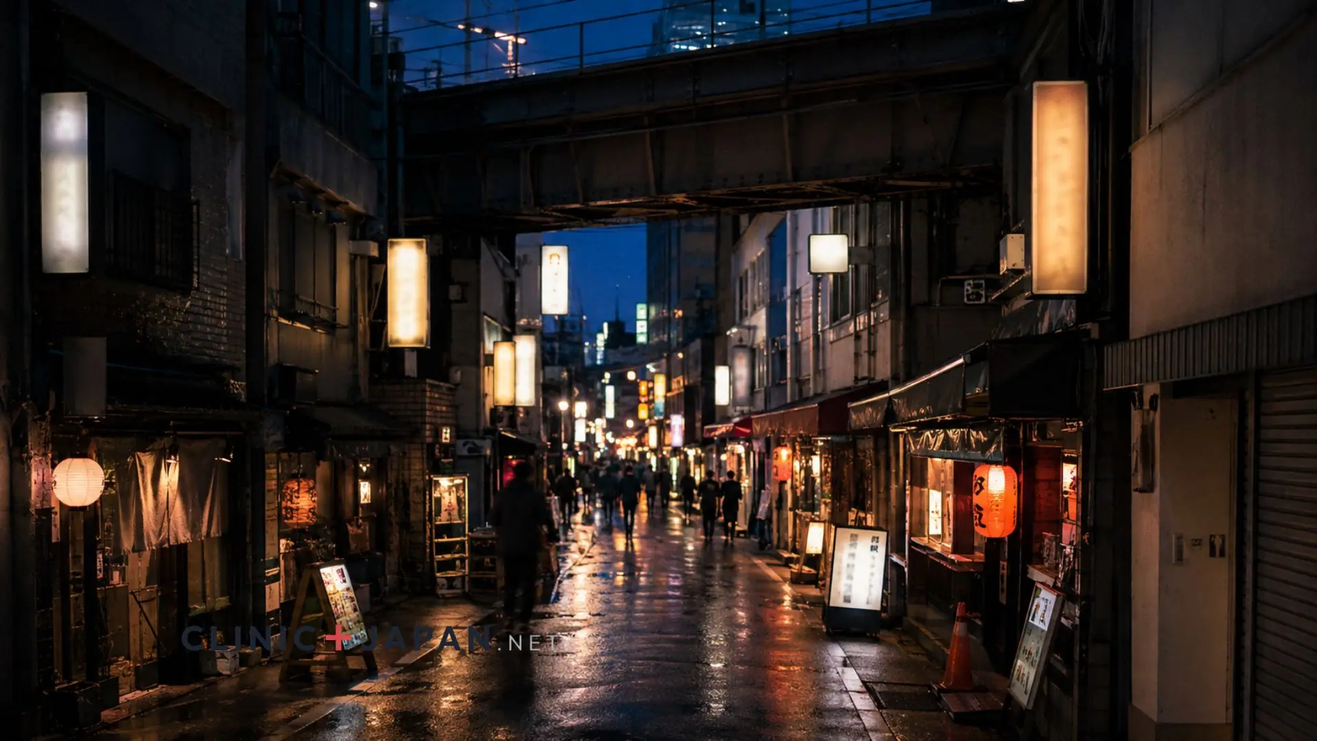 Evening view across a dense Tokyo district, illuminated signage and elevated railway lines above narrow streets of small restaurants
