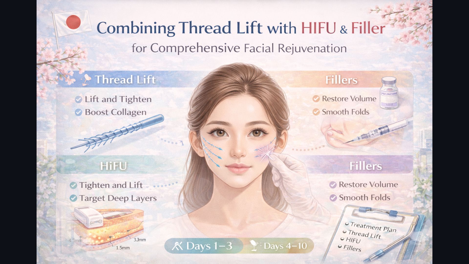 Treatment plan illustration combining thread lift with HIFU and filler for comprehensive facial rejuvenation
