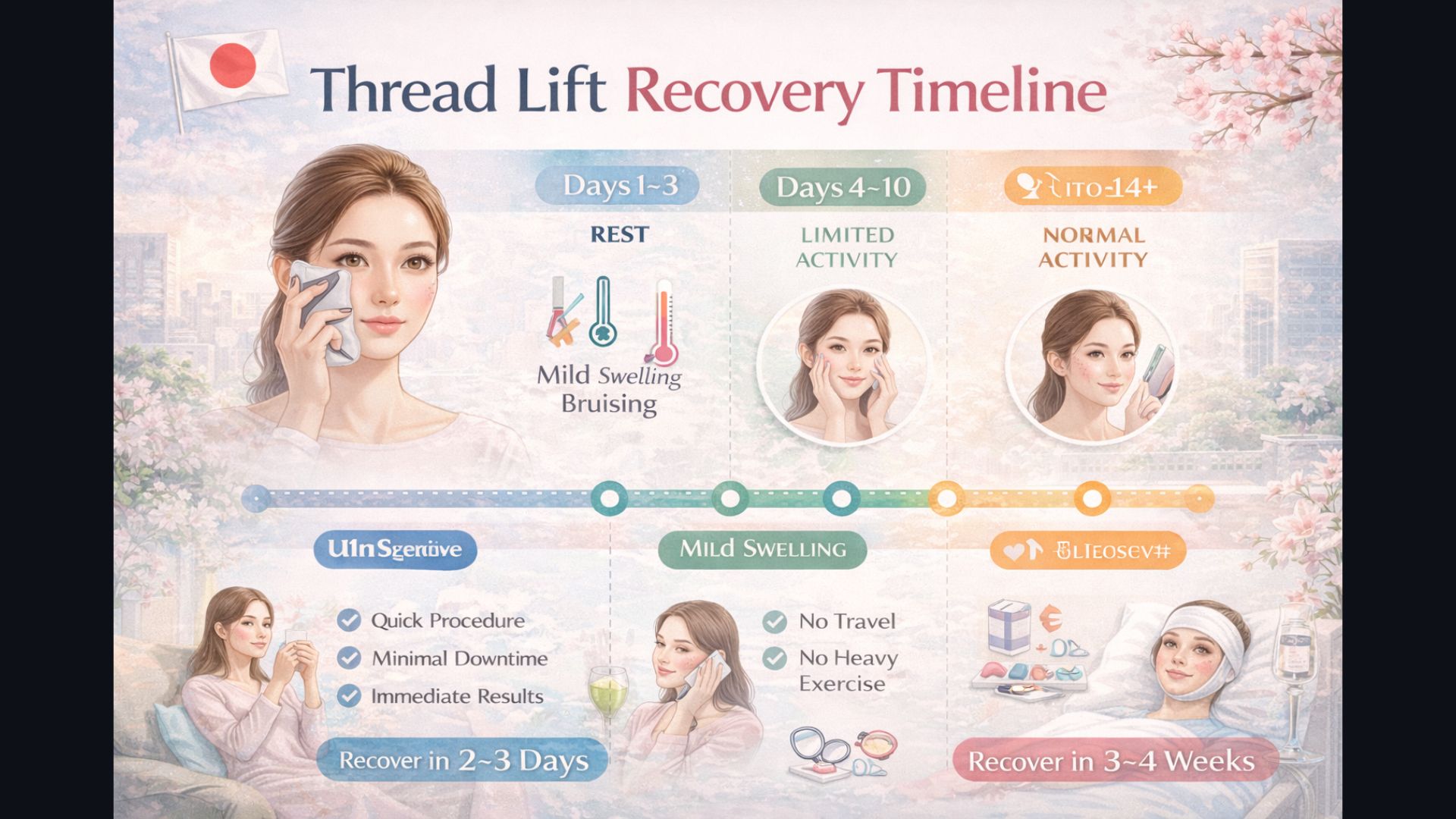 Illustrated recovery timeline for thread lift procedure showing swelling and activity restrictions