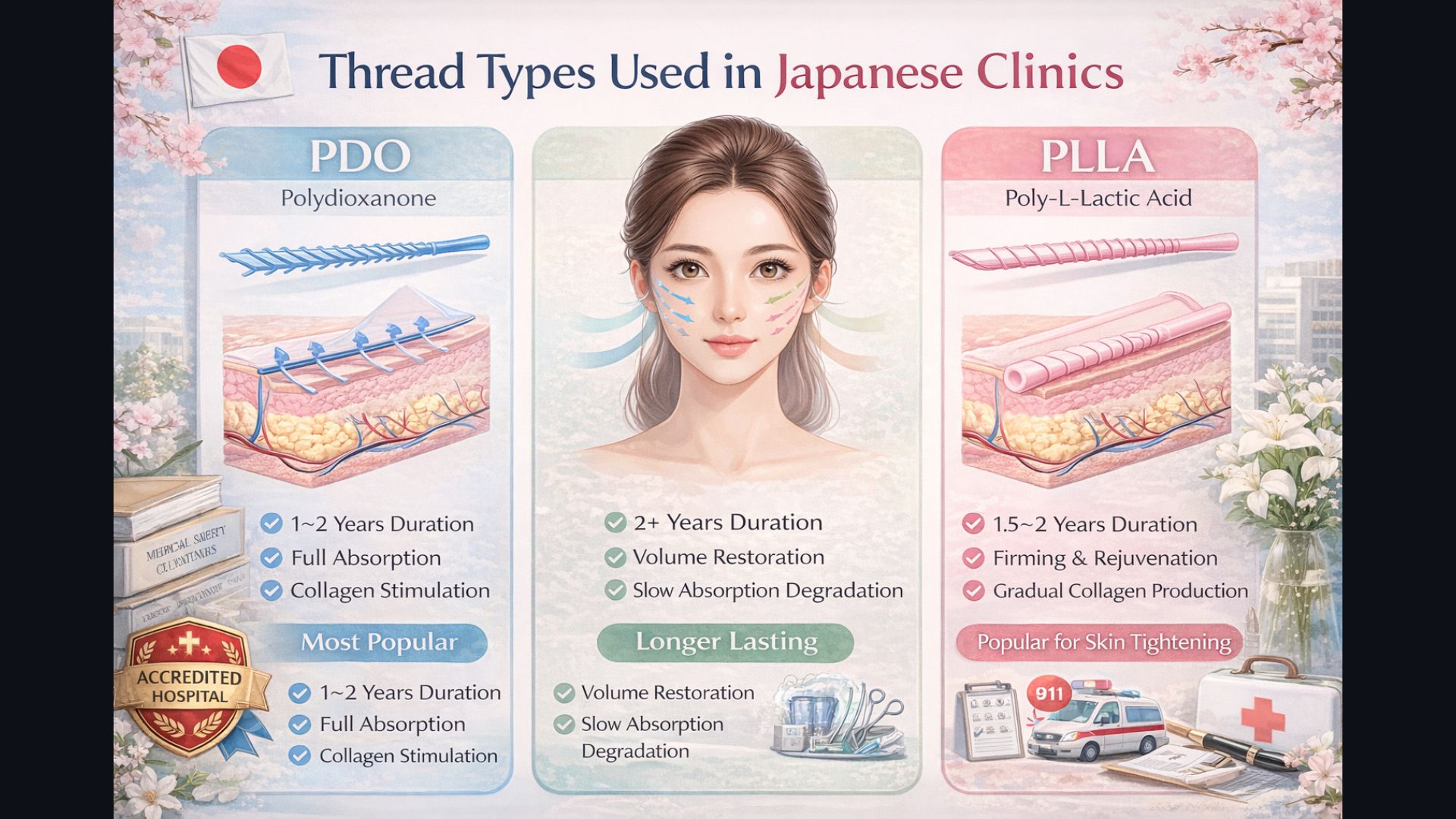 Medical illustration comparing PDO PCL and PLLA thread types used in Japanese clinics