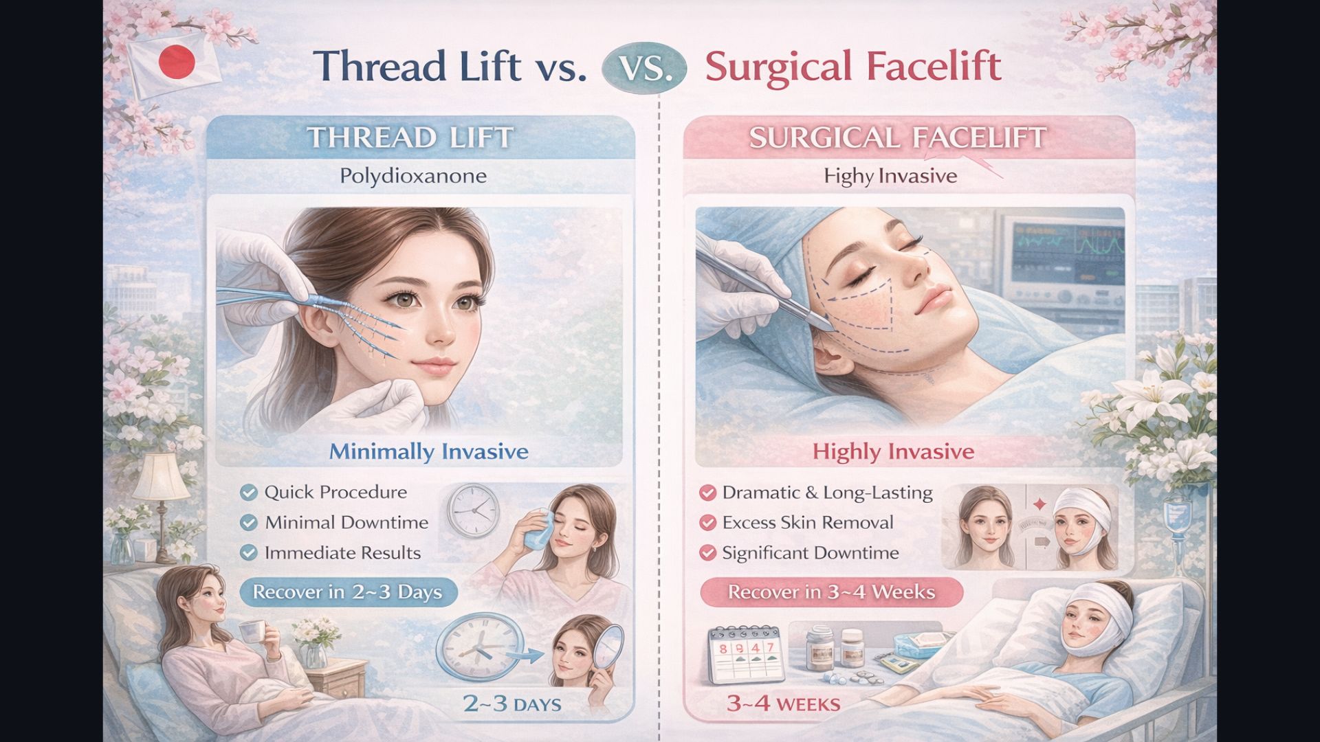 Side-by-side comparison of thread lift vs surgical facelift showing invasiveness and recovery difference