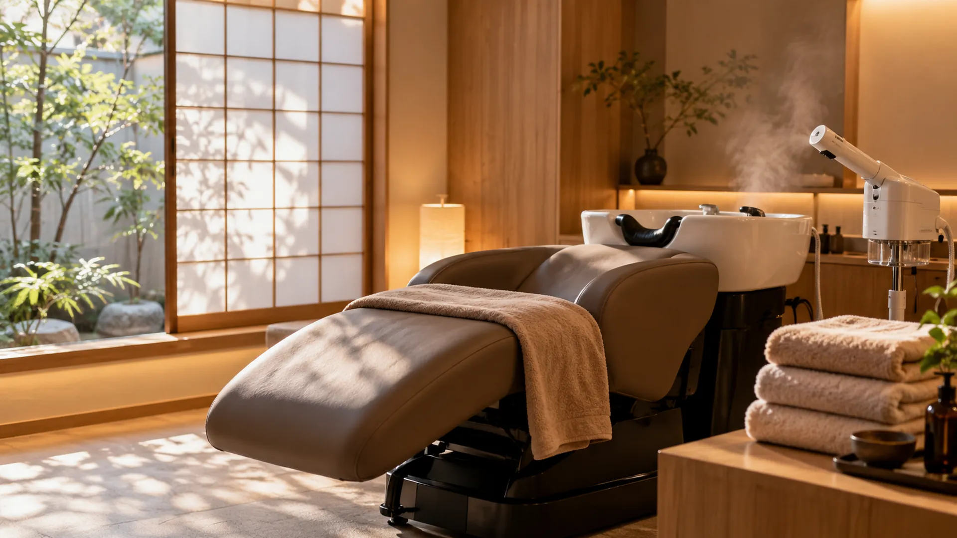 A calm salon head spa room in Tokyo with a reclined chair, folded warm towels and soft indirect light, no people visible