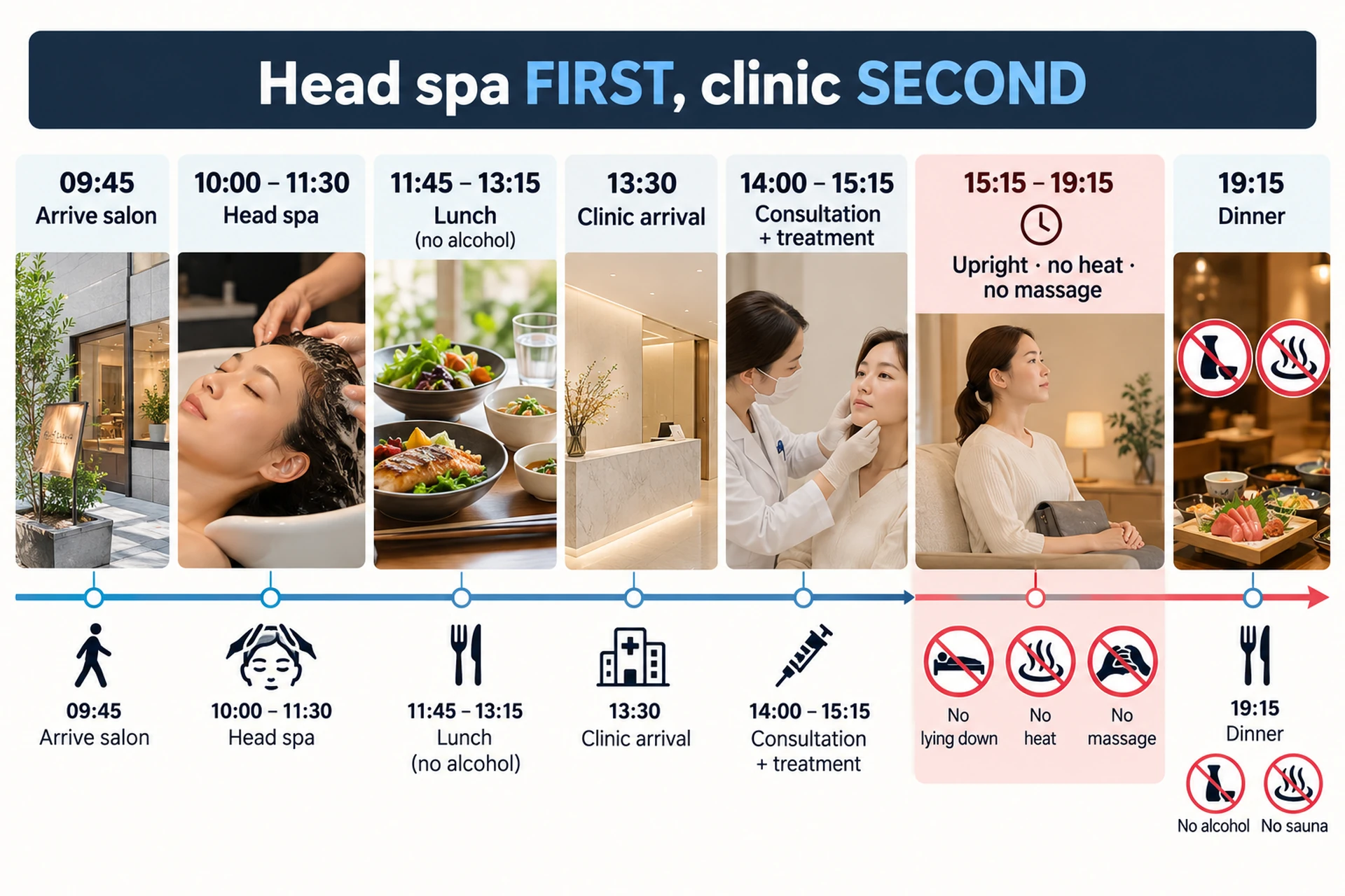 One-day timeline graphic: 10:00 head spa in Omotesando, 12:00 lunch, 14:00 clinic consultation and treatment, then a four-hour upright window marked, with an evening of walking and dinner and a no-onsen, no-alcohol marker