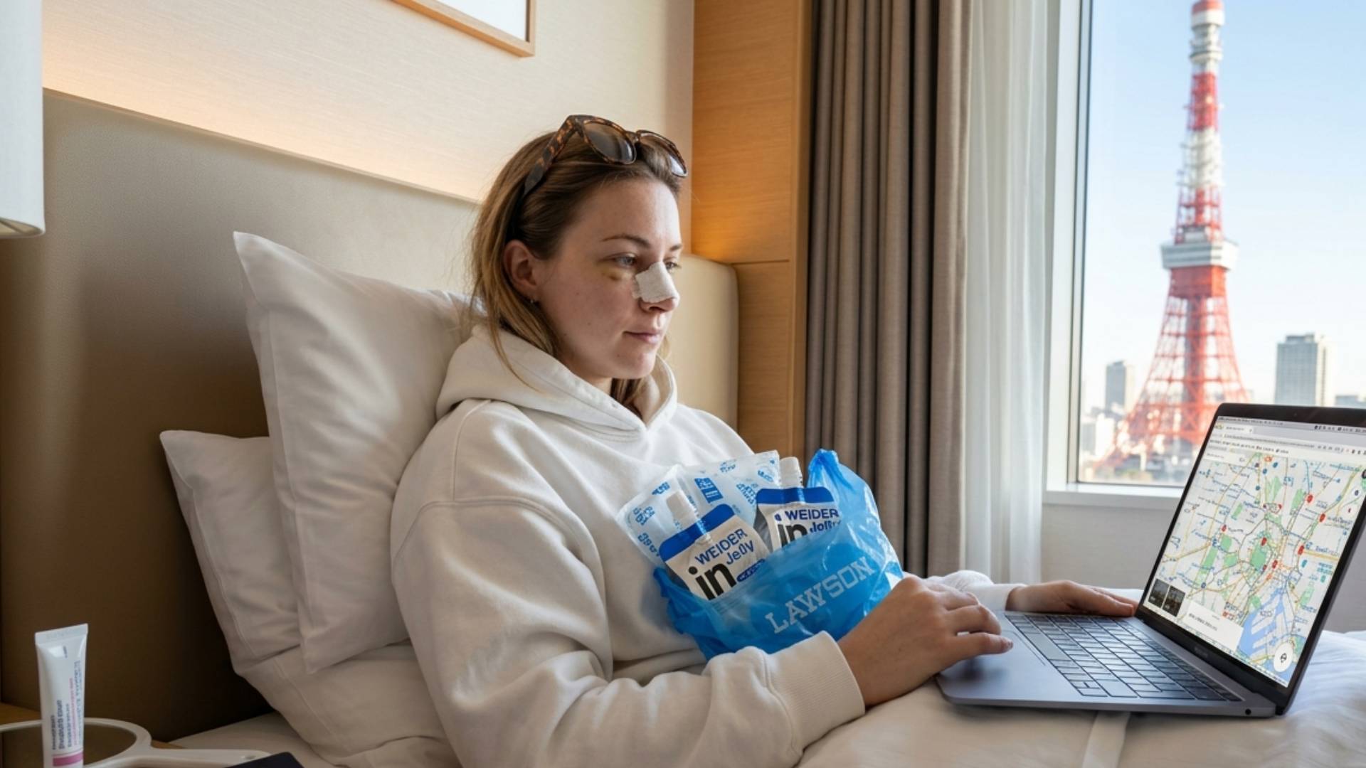 Tokyo skyline at dusk from a hotel recovery room
