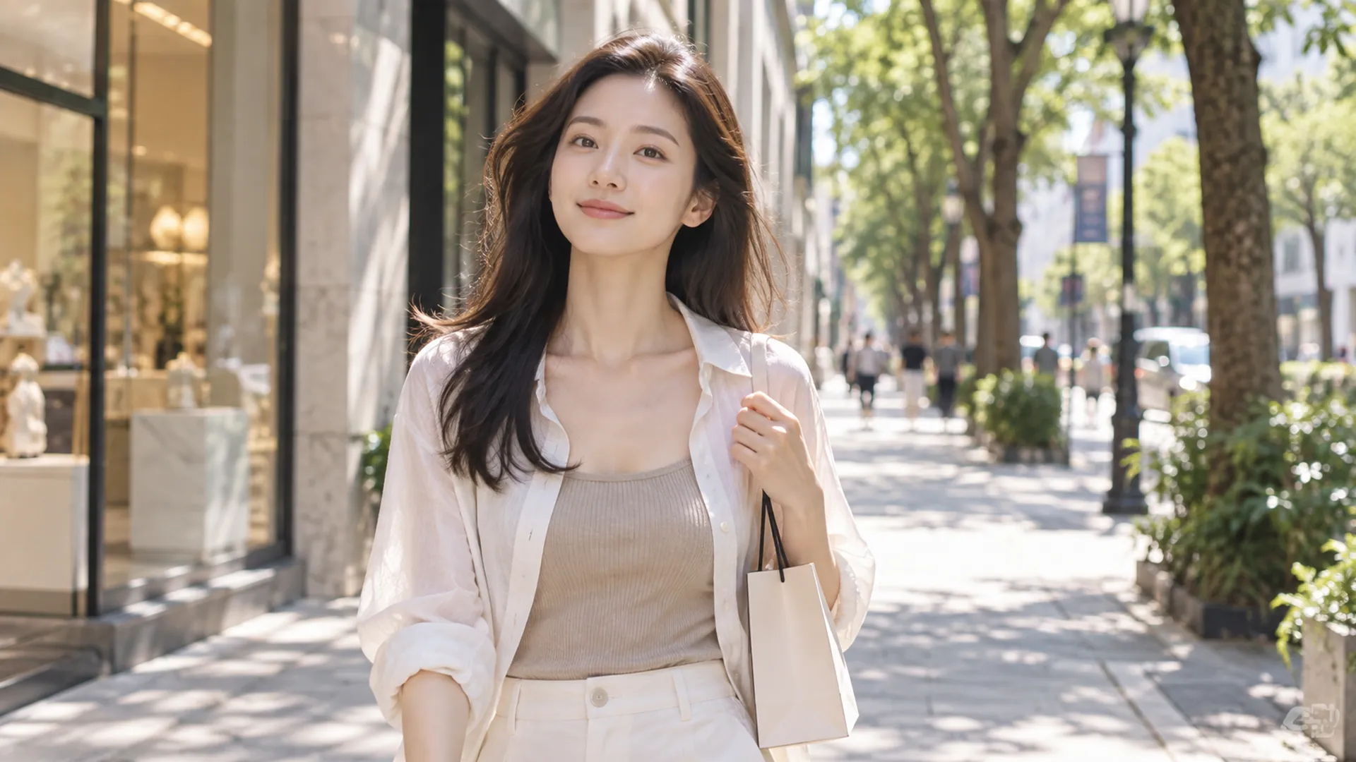 Morning light on a quiet Omotesando side street in Tokyo, a woman with clear skin carrying a small paper shopping bag, soft focus storefronts behind her