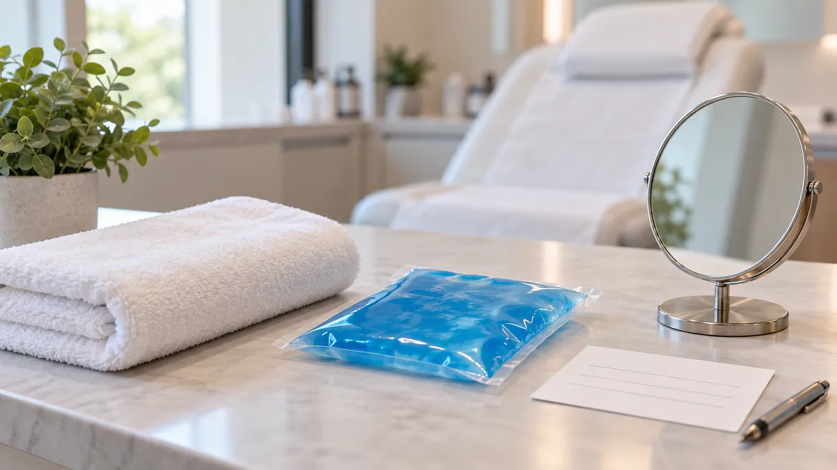 A cooling pack, towel, mirror and blank follow-up card arranged for aftercare planning.