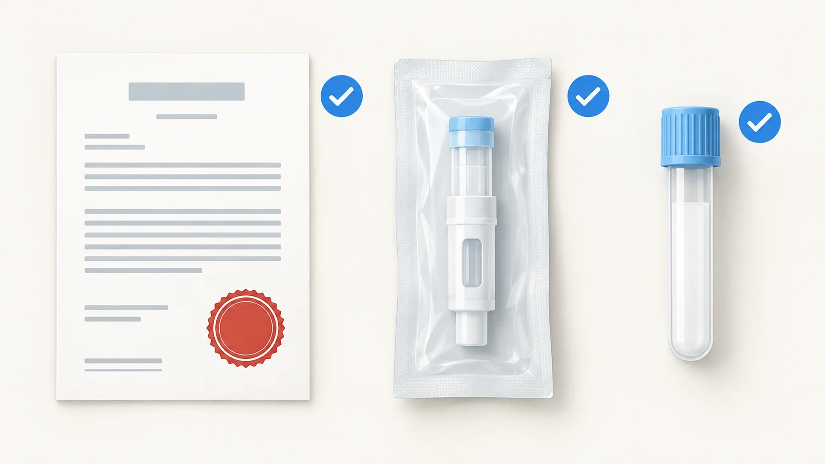 Illustration of a simple clinic checklist: a document with an official stamp representing a notified regenerative medicine plan, a sealed single-use needle cartridge, and a blood collection tube labelled only by colour