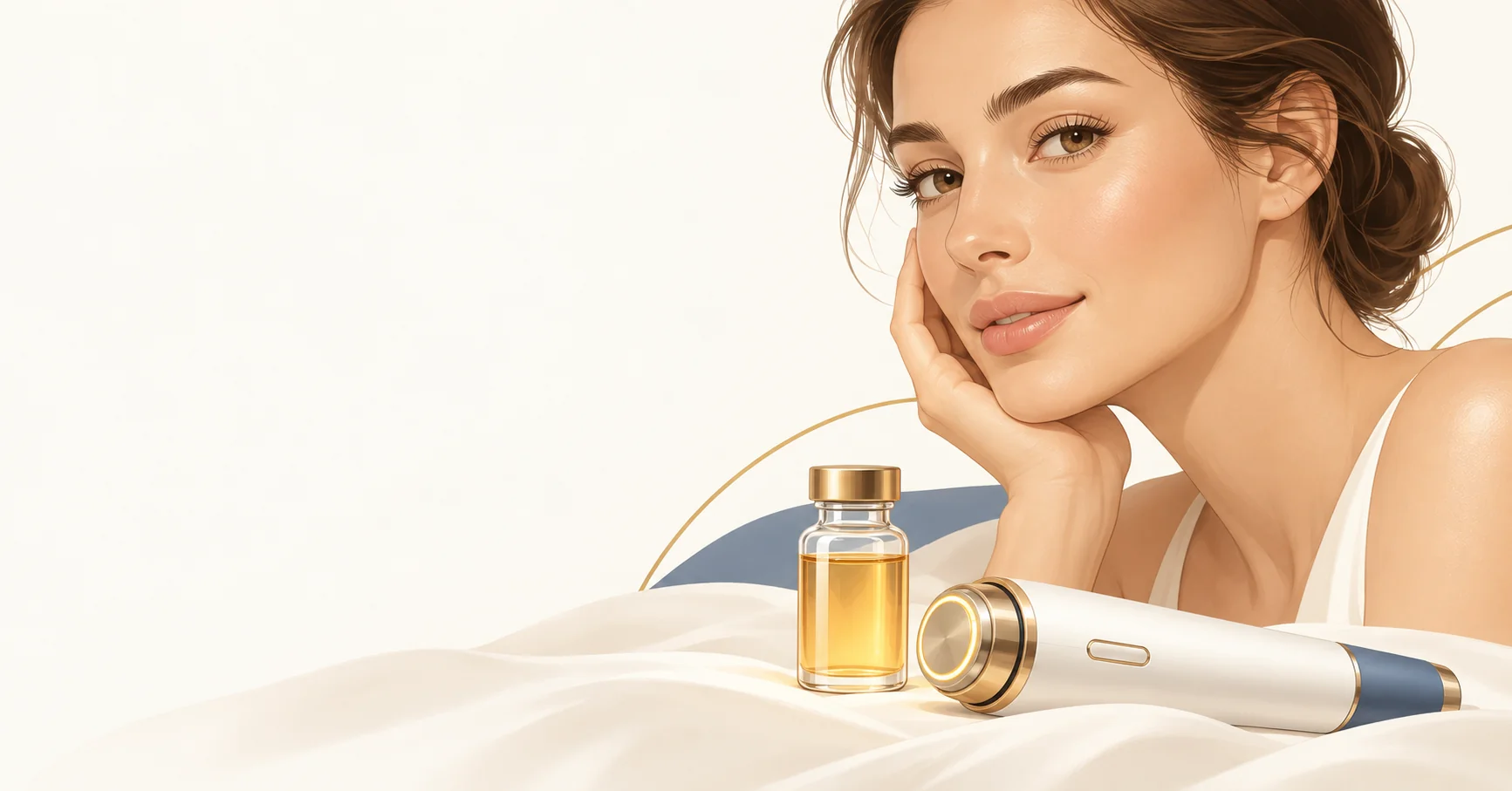 Illustration of a calm face in soft light with a microneedling pen resting beside a small vial of golden plasma, on an off-white background