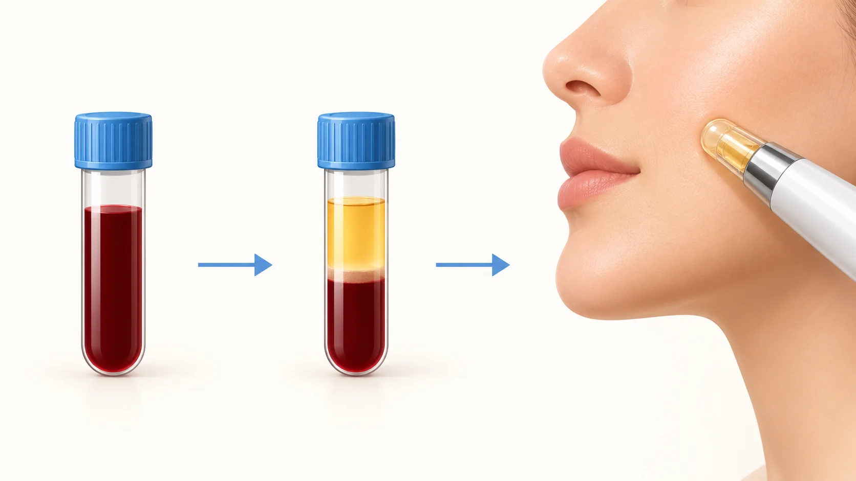 Three-step illustration of a vampire facial: a small blood sample in a tube, the tube after spinning in a centrifuge with a separated golden plasma layer, and a microneedling pen moving over the skin of the cheek