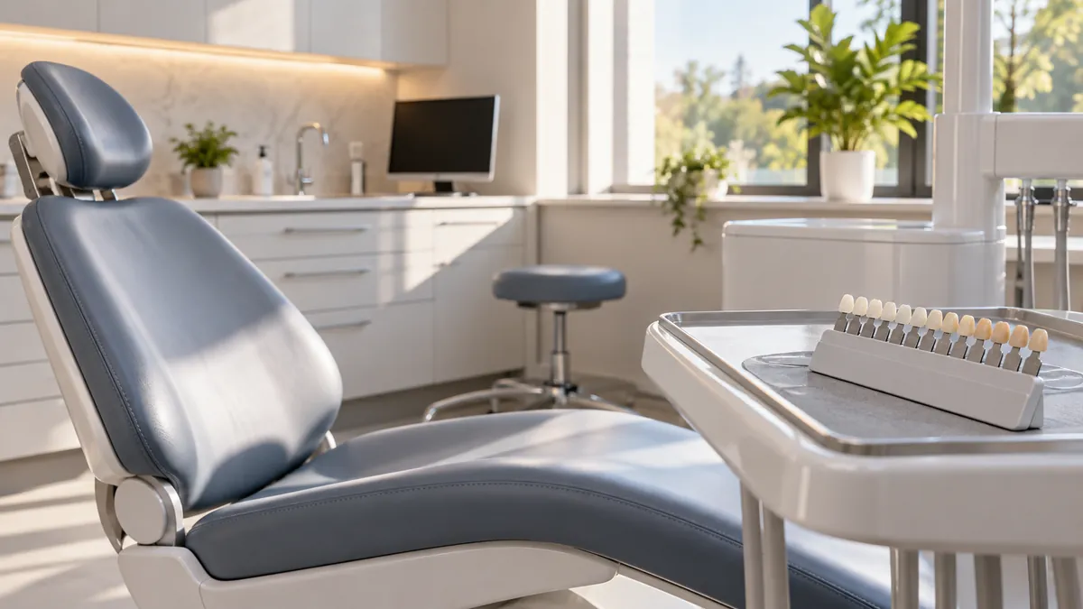 A dental chair and tooth shade guide in an empty consultation room.