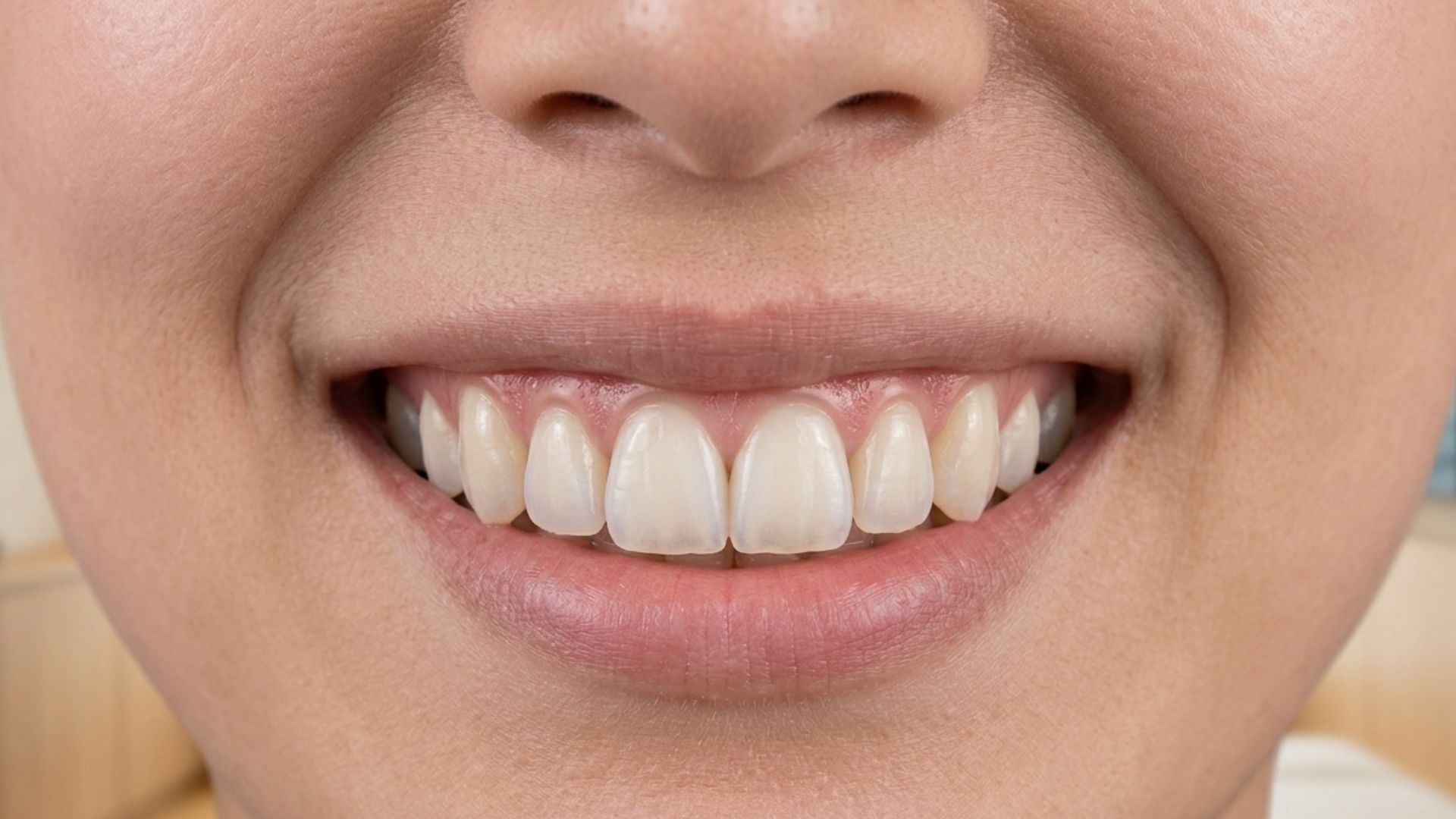 Close-up of a bright, natural-looking smile with porcelain veneers — a Tokyo dental clinic consultation room in the soft-focus background